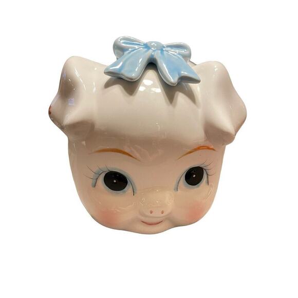 Vintage Lefton Ceramic Piggy Bank Baby Blue Bow Flowers - Picture 2 of 7